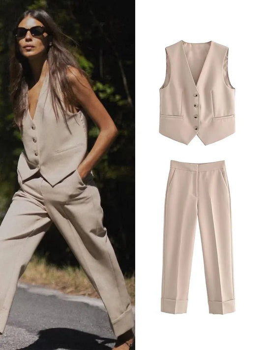 Women Spring Autumn 2 Pieces Vest Sets 2023 Fashion Suit Single Breasteed V-Neck Vest Tops + Trousers Causal Sets - LESSANA