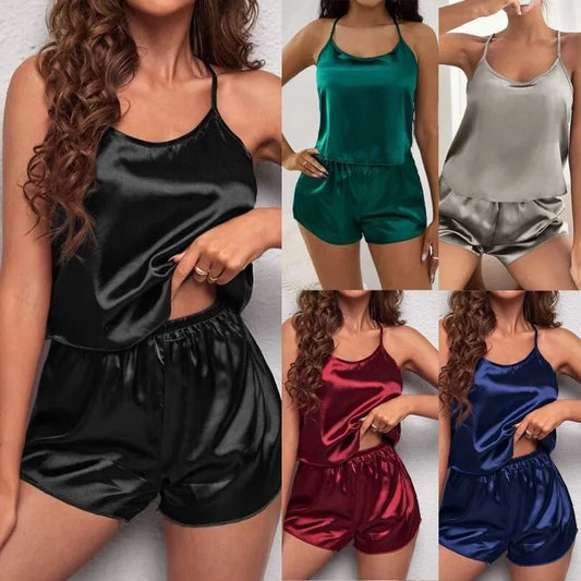 Women's Sleepwear Sexy Lace Satin Pajama Sets Nightwear Sleeveless Tops+Shorts 2 Pcs Sets Pyjama Sets for Women Pijama - LESSANA