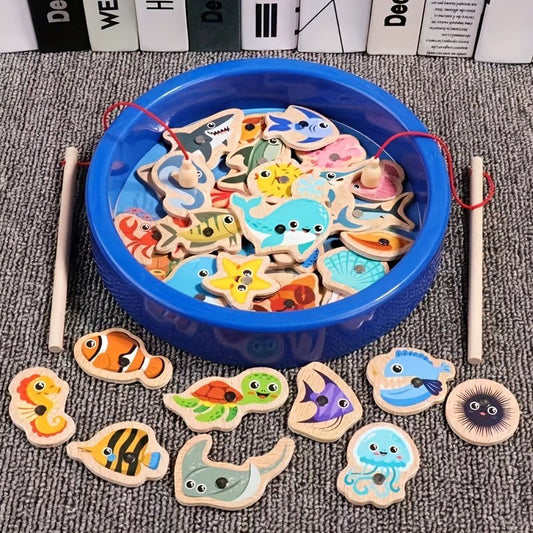 Wooden Magnetic Fishing Toys, Random 15pcs Fish And 1pc Rod,Christmas Gift,Halloween Gift,thanksgiving Gift - LESSANA