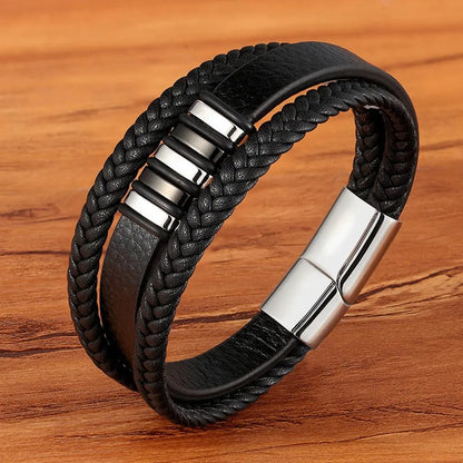XQNI 3 Layers Black Punk Style Design Leather Bracelet for Men Stainless Steel Magnetic Button Birthday Gift Male Bracelets - LESSANA