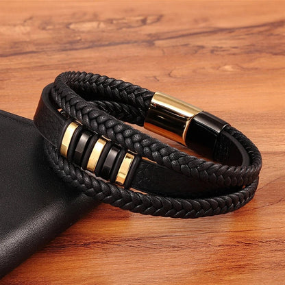XQNI 3 Layers Black Punk Style Design Leather Bracelet for Men Stainless Steel Magnetic Button Birthday Gift Male Bracelets - LESSANA