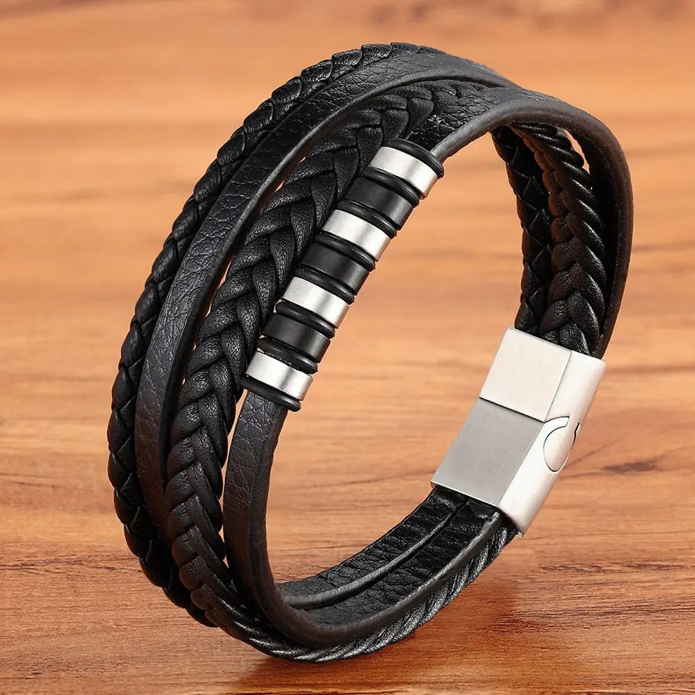XQNI Fashion Unisex Multi-layer Woven Leather Stainless Steel Combination Men's Leather Bracelet Black Brown Male Jewelry Gift - LESSANA