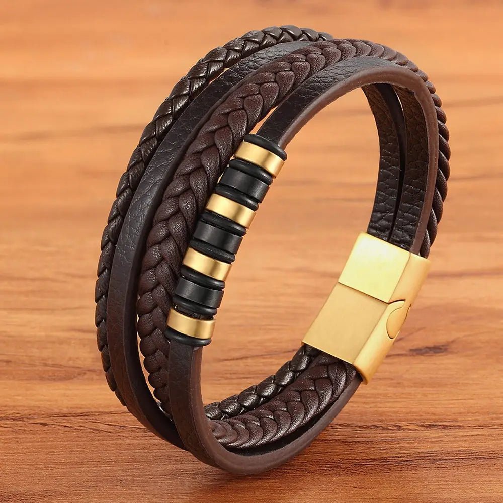 XQNI Fashion Unisex Multi-layer Woven Leather Stainless Steel Combination Men's Leather Bracelet Black Brown Male Jewelry Gift - LESSANA