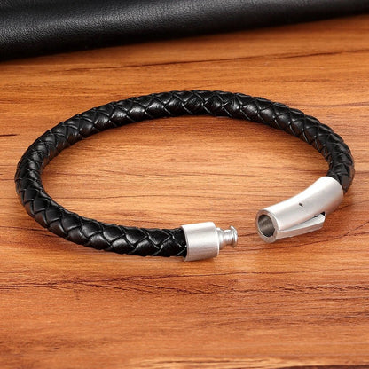 XQNI New Classic Style Men Leather Bracelet Simple Black Stainless Steel Button Neutral Accessories Hand-woven Jewelry Gifts - LESSANA