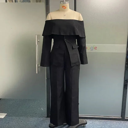 Upgrade Your Work Wardrobe: 2023 Women's Office Two-Piece Set with Off Shoulder Top, Long Sleeves, and Loose Pants