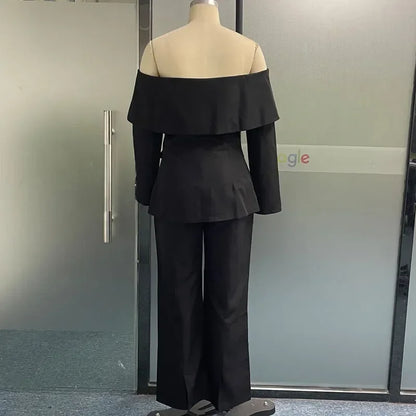 Upgrade Your Work Wardrobe: 2023 Women's Office Two-Piece Set with Off Shoulder Top, Long Sleeves, and Loose Pants