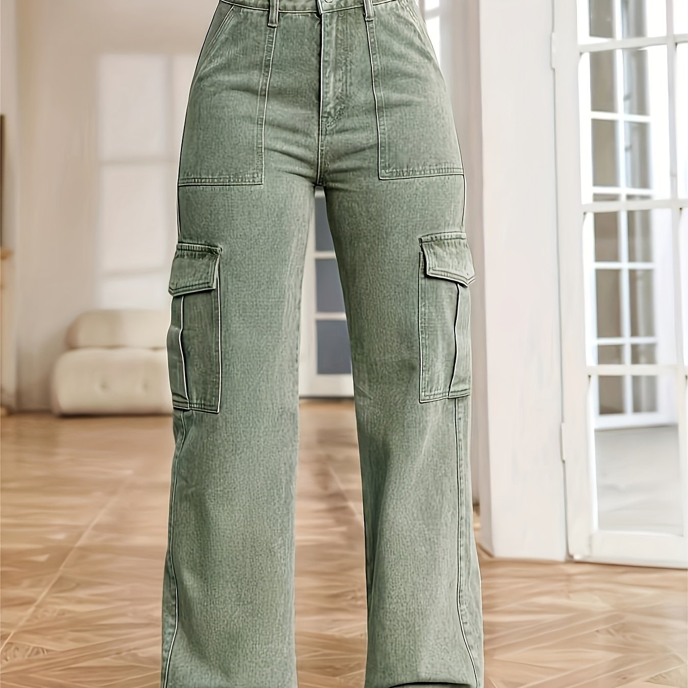 Washed Flap Pockets Cargo Pants, Loose Fit Y2K & Kpop Style Straight Jeans, Women's Denim Jeans & Clothing - LESSANA