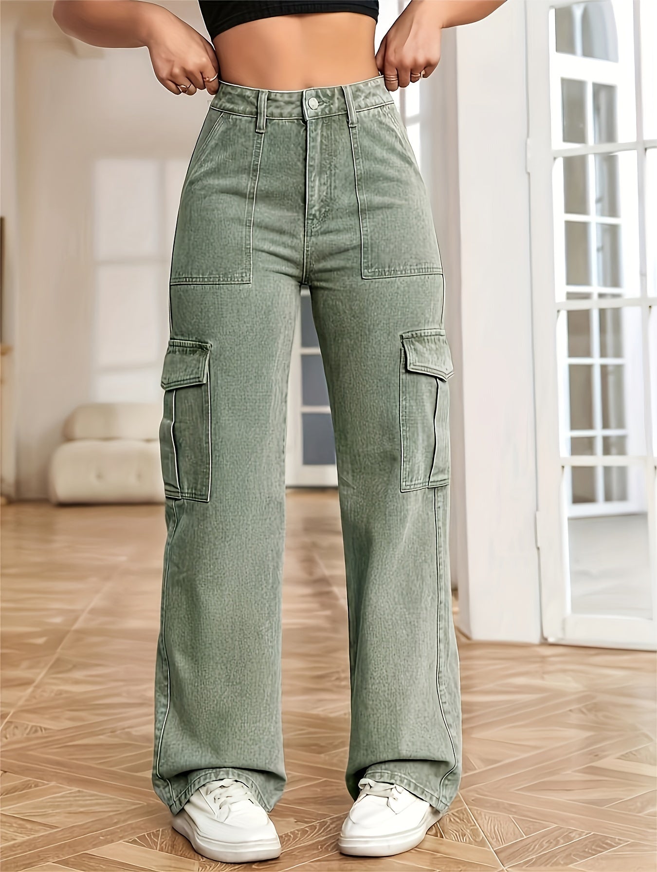 Washed Flap Pockets Cargo Pants, Loose Fit Y2K & Kpop Style Straight Jeans, Women's Denim Jeans & Clothing - LESSANA