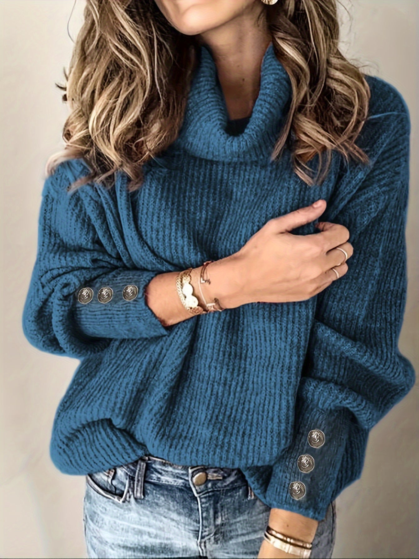 Women's Sweater Casual Turtleneck Solid Color Knitted Buttons Loose Fall Winter Sweater - LESSANA